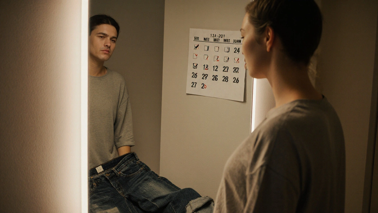 Osoba se dívá do zrcadla v volné oblečení, na zemi leží staré kalhoty, žádné váhy.