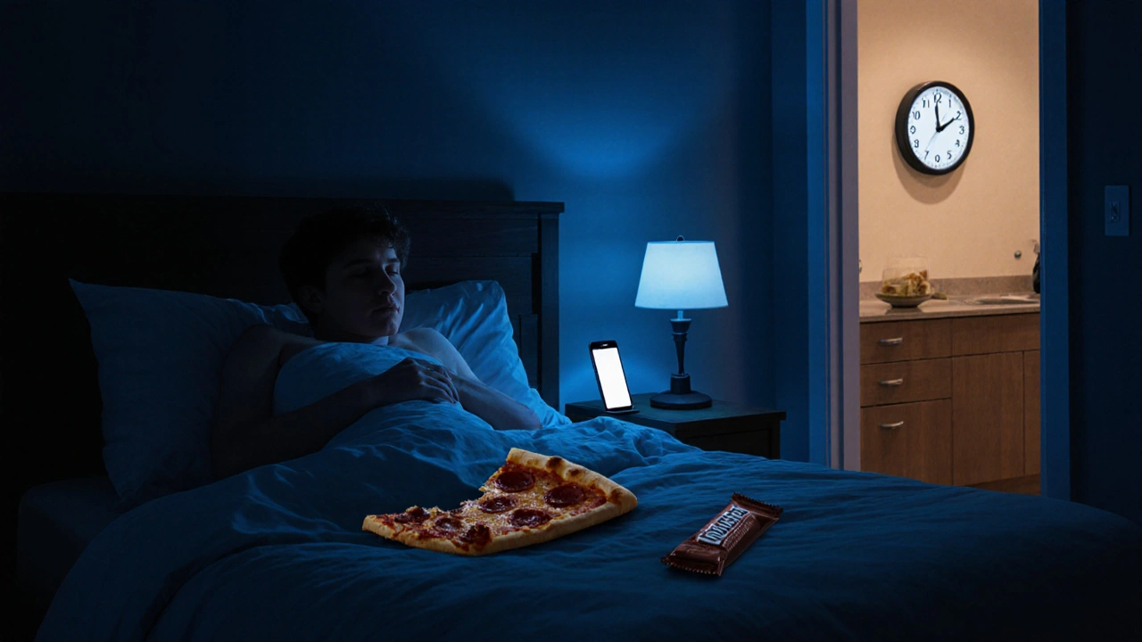Osoba se v noci neklidně otáčí s nezdravou večeří na nočním stolku.