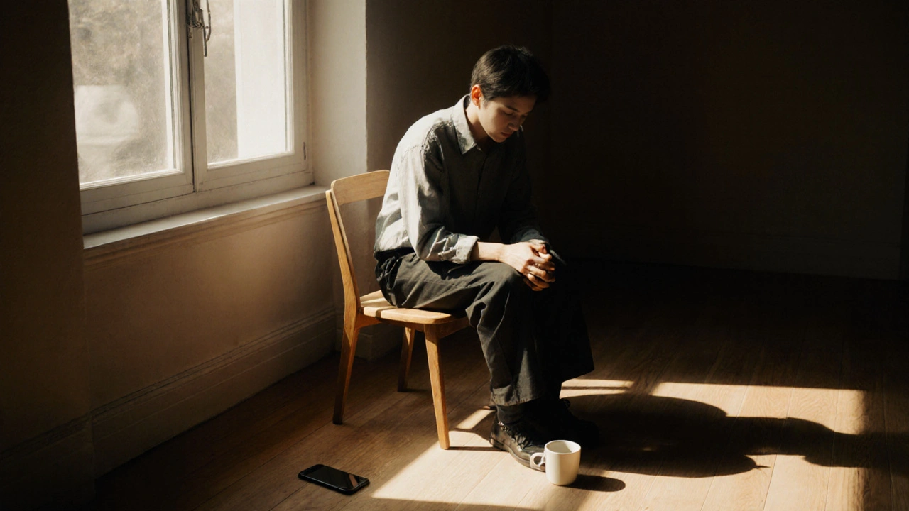 Osoba sedí v tichosti u okna, prožívá chvíli bez činnosti.