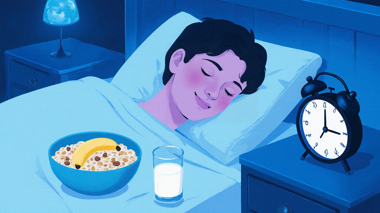 Osoba spí v posteli, na nočním stolku je lehká večerní svačina.