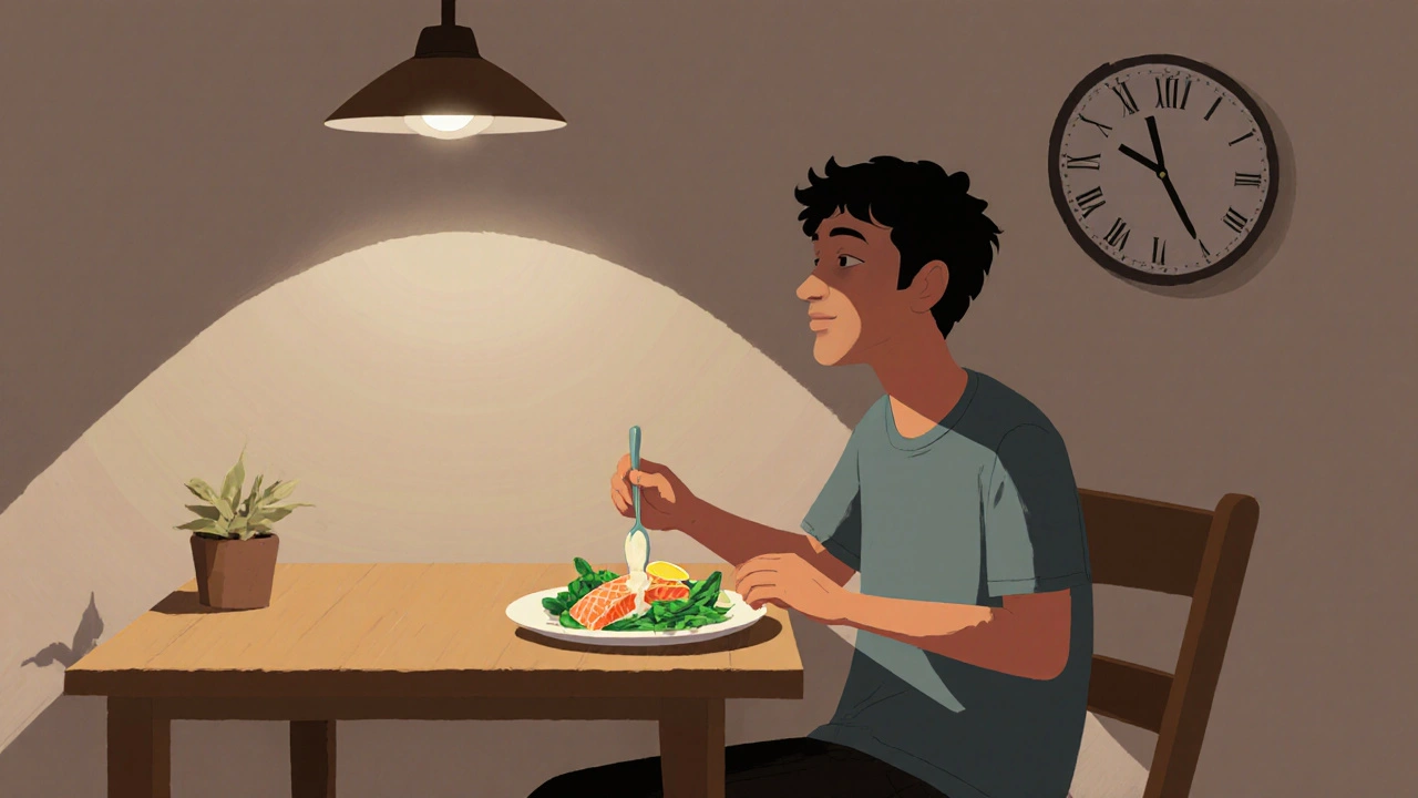 Osoba večer jí rybu se zeleninou v klidné kuchyni při měkkém světle.