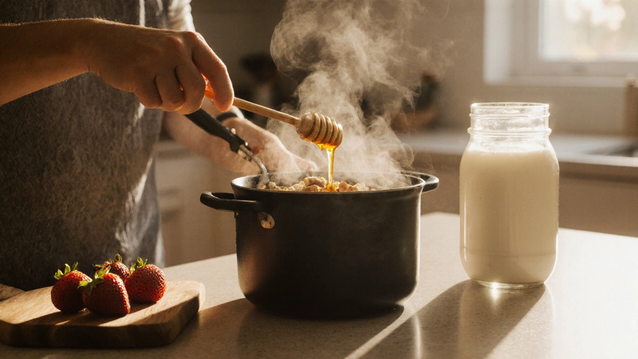 Ovesná kaše s vlašskými oříšky a medem se varí na kuchyňském stole večer.