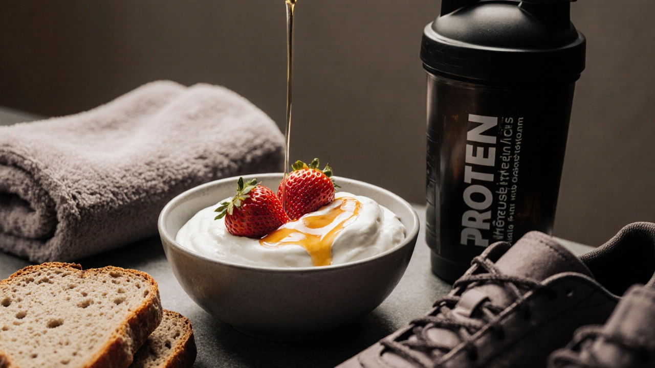 Po tréninku jídlo s jogurtem, jahodami a celozrnným chlebem.