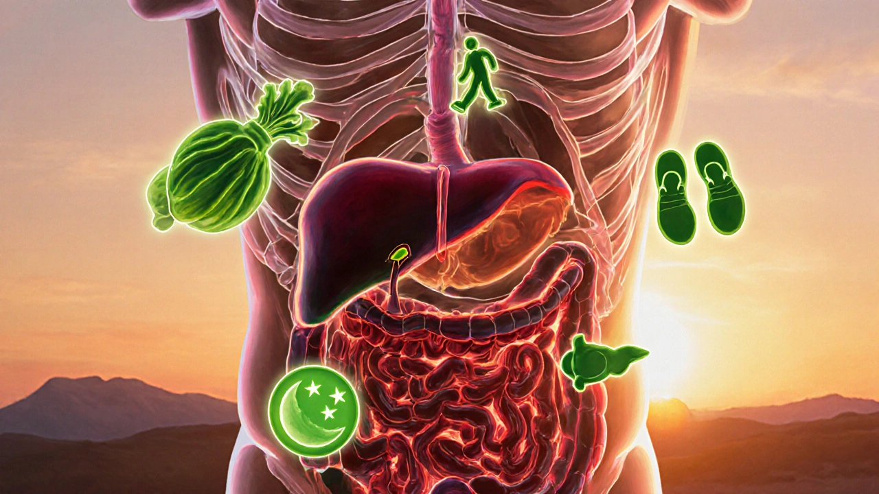 Polopřehledný lidský trup s viscerálním tukem kolem vnitřních orgánů, nahrazovaným zeleninou, kroky a dechem.