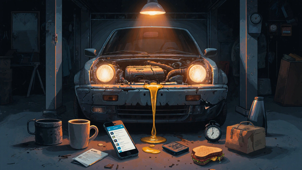 Porouchaný motor auta s kapajícím olejem a symboly stresu kolem něj.