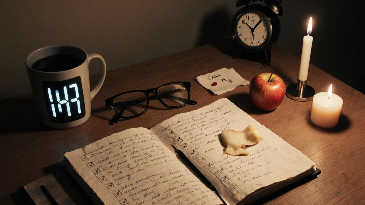 Předměty na stole: sešit, jablko, svíčka, hodiny – znaky osobního záznamu životního stylu.