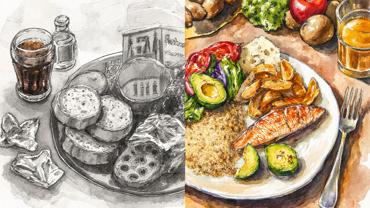 Převrat z nezdravé stravy na vyvážené jídlo s barevnou zeleninou a celozrnnými potravinami.