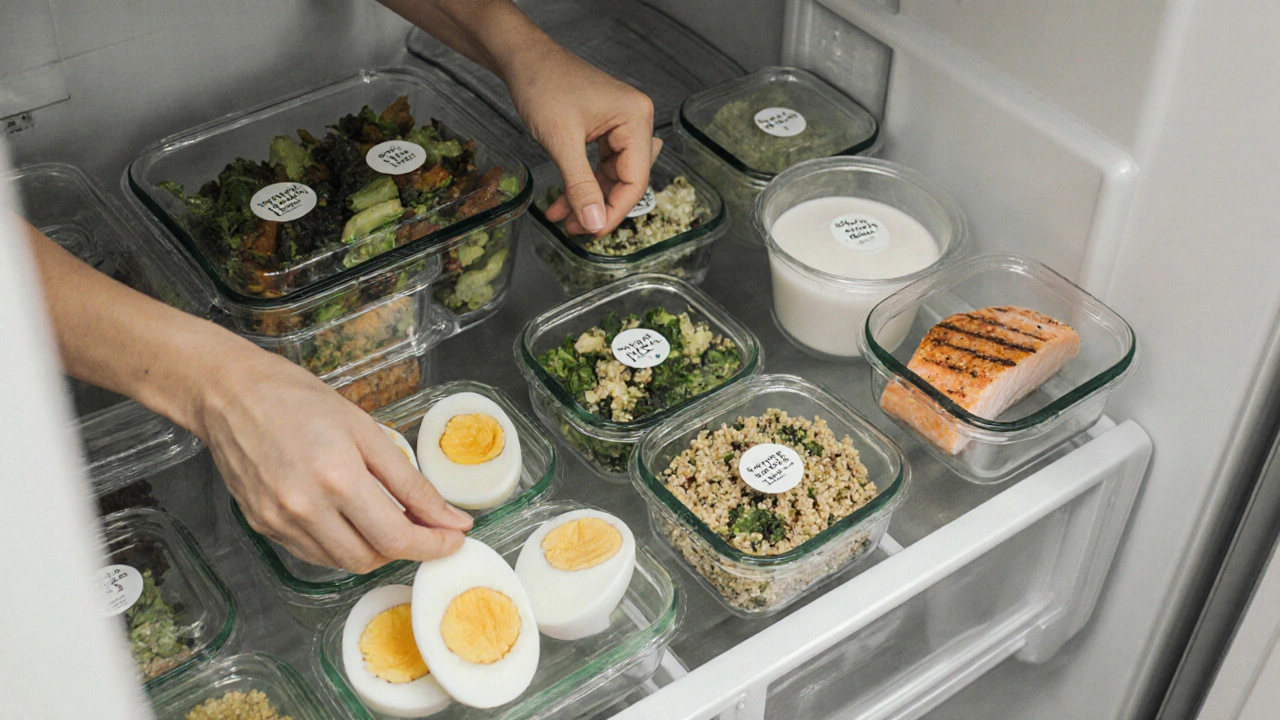 Připravená jídla v skleněných nádobkách uspořádaná v lednici