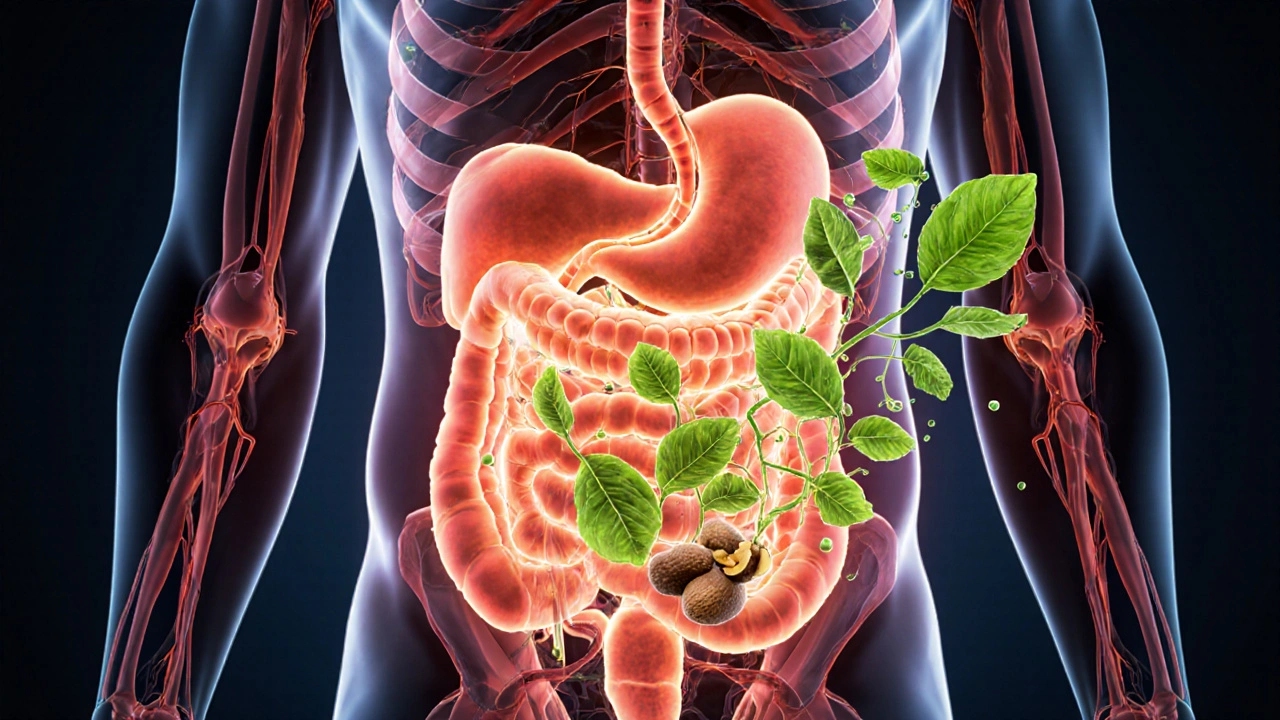 Průhledný břicho s tukem kolem vnitřních orgánů a zdravými rostlinami