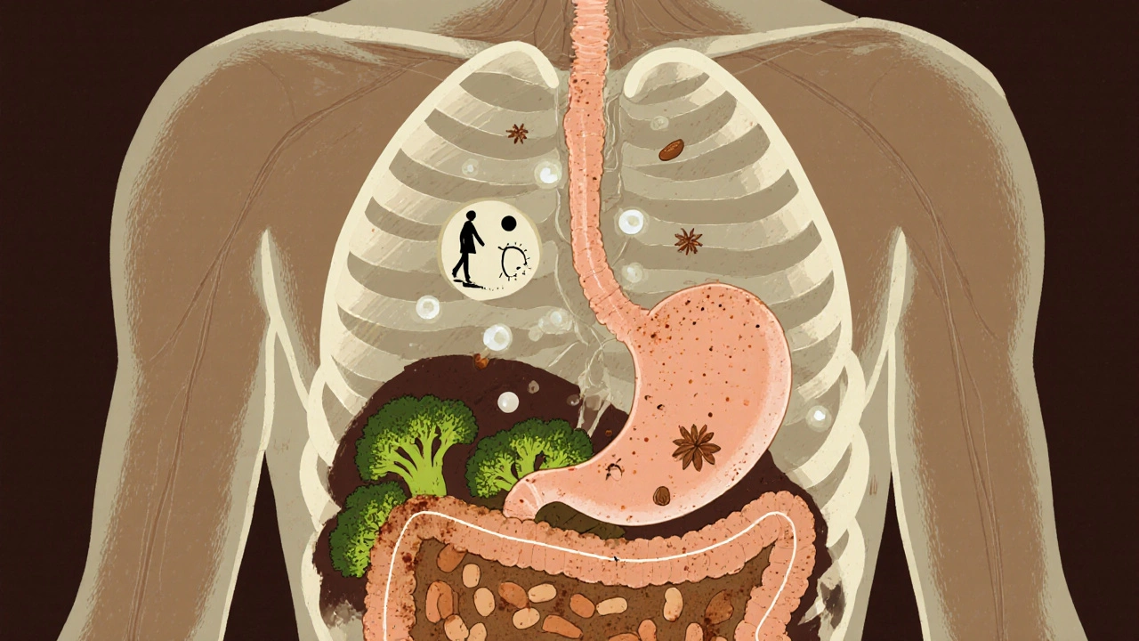 Průřez těla s viditelným trávicím ústrojím a plynem vznikajícím po jídle s kořením.