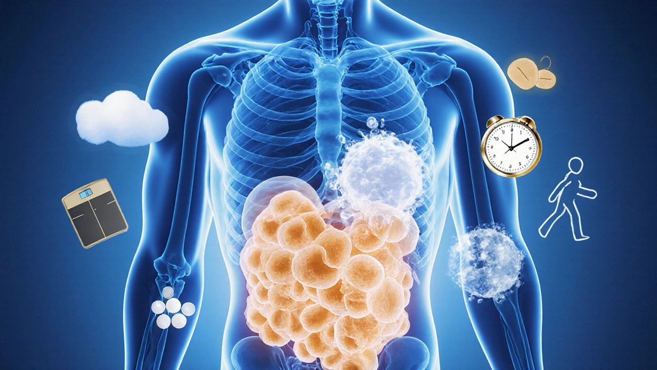 Průřez tělem ukazující, jak tuk se rozkládá na vodu a oxid uhličitý vydávaný dechem a potem.