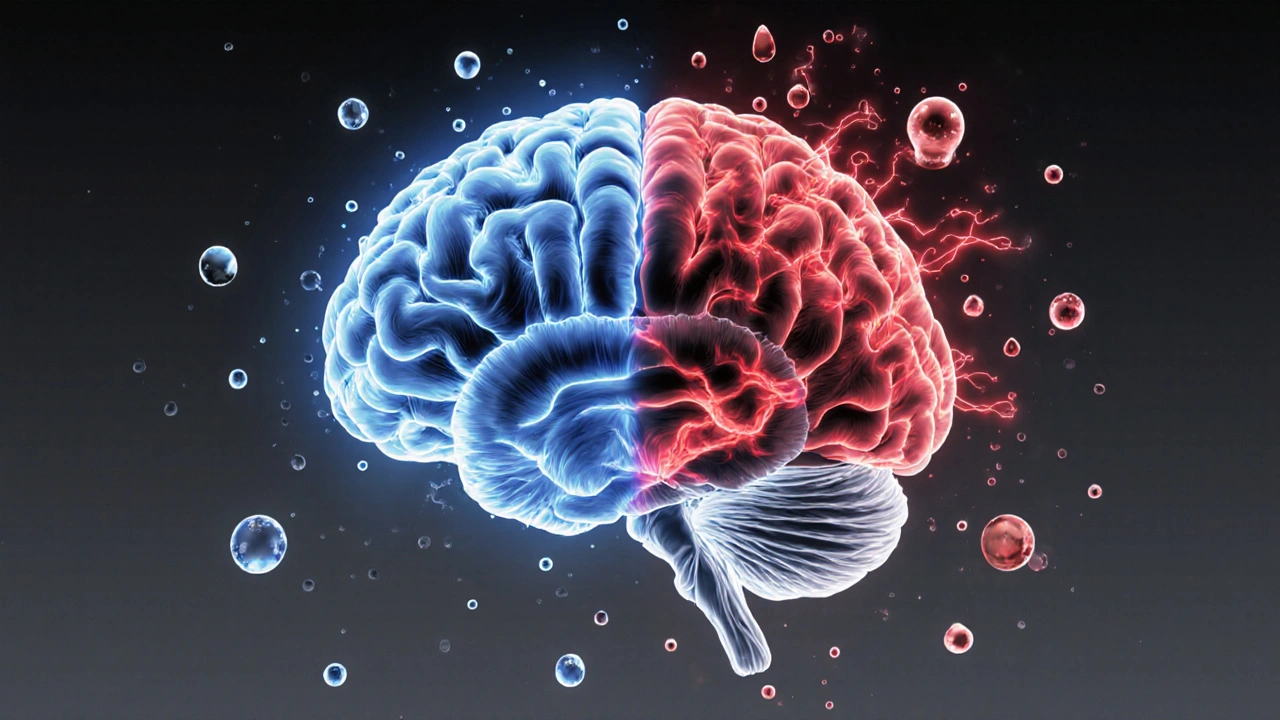 Rozdělený náhled lidského mozku: zdravý na jedné straně, narušený alkoholem na druhé, s červenými molekulami a kapkami vody.