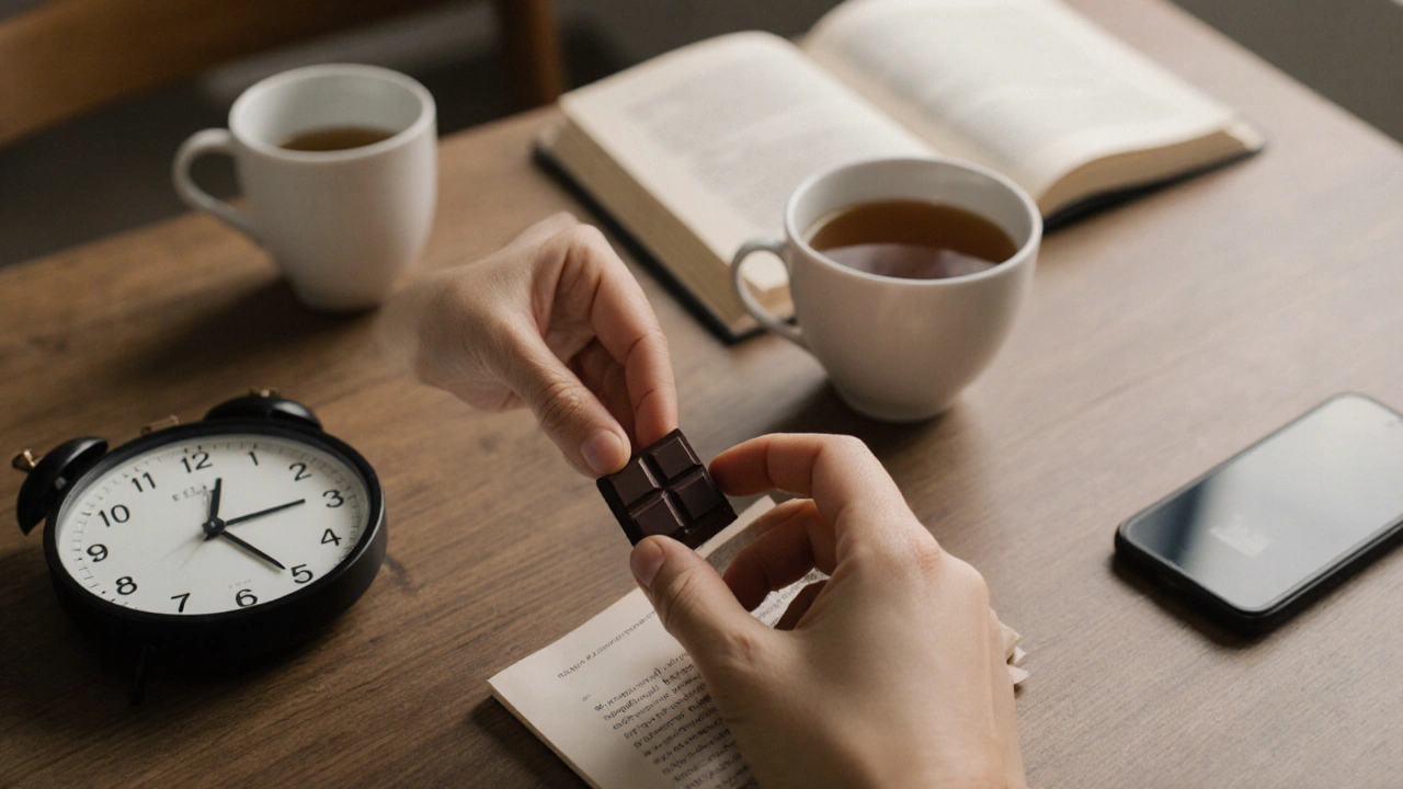 Ruka klade čokoládu na stůl vedle čaje, telefon je obrácený, kniha leží na židli.