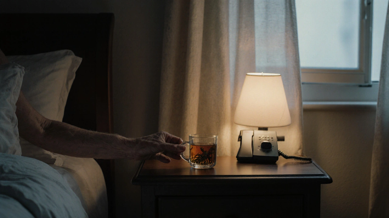 Ruka klade šálek čaje na noční stolik vedle vypnutého telefonu.