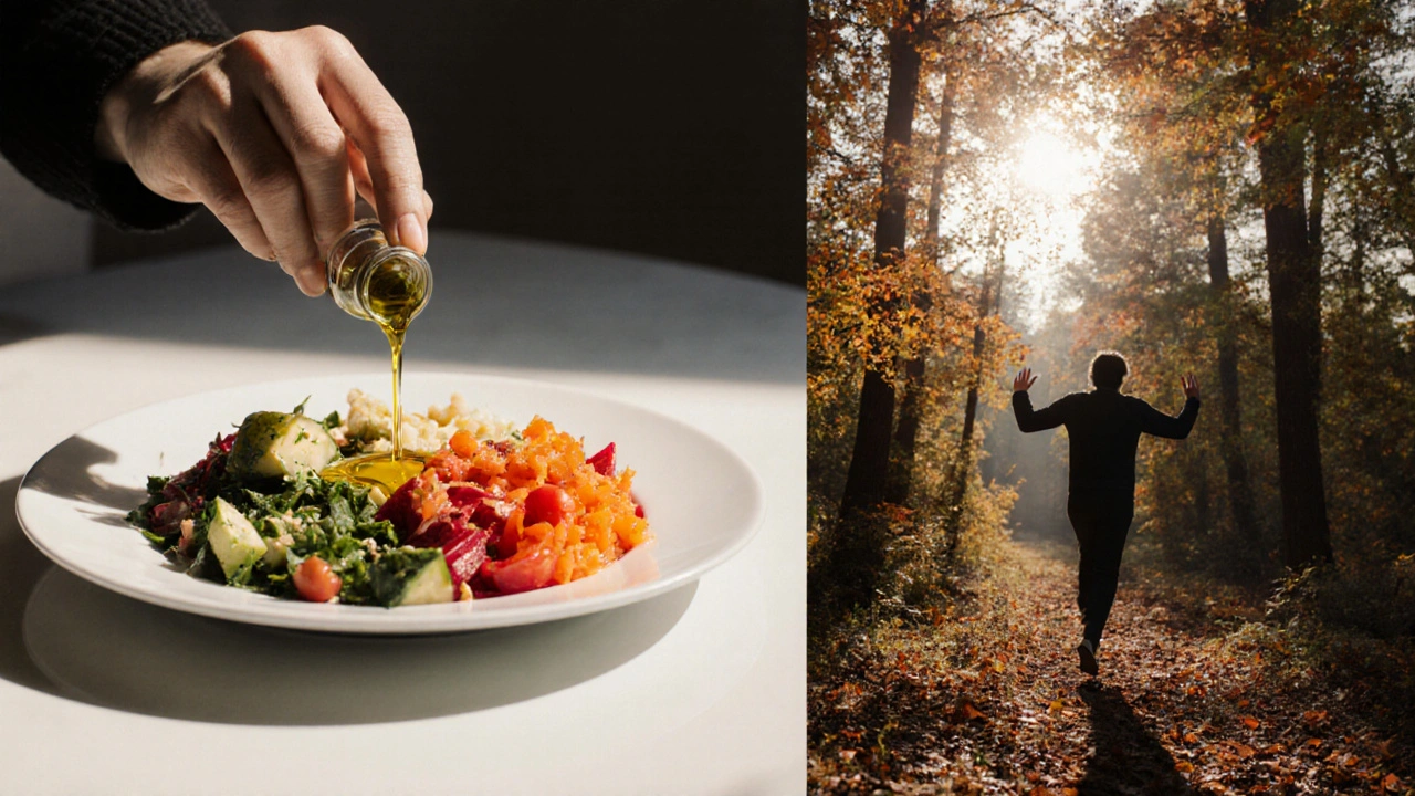 Ruka nalévá olivový olej na zeleninu, zatímco silueta jde lesem – spojení jídla a přírody.