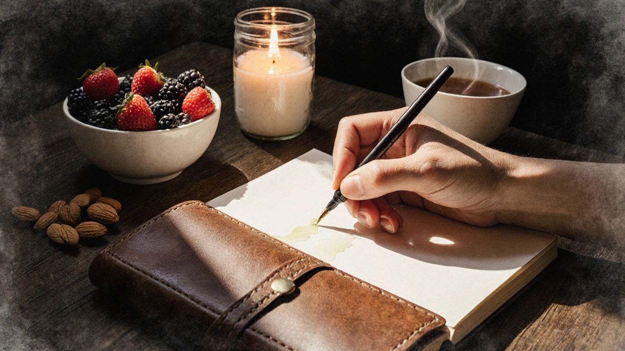Ruka píše do deníku u svíčky, vedle ní zdravé potraviny a čaj.