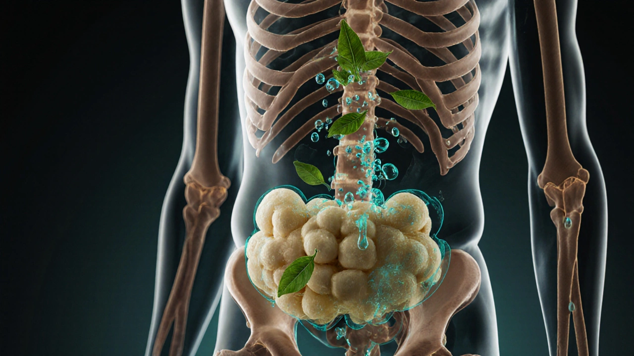 Symbolický obraz tuků na břiše rozkládaných zeleným čajem a vodou.