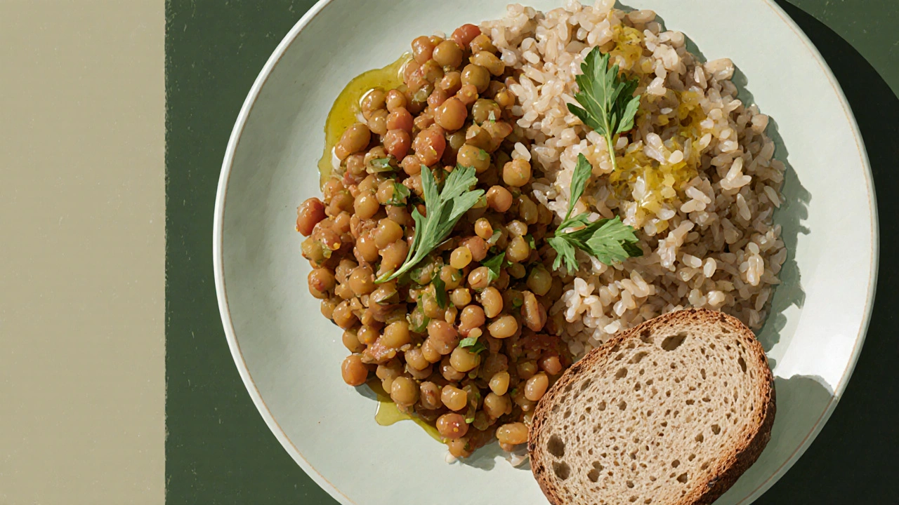 Talíř s čočkou a rýží, bylinkami a chlebem, symbolizující doplnění rostlinných bílkovin.