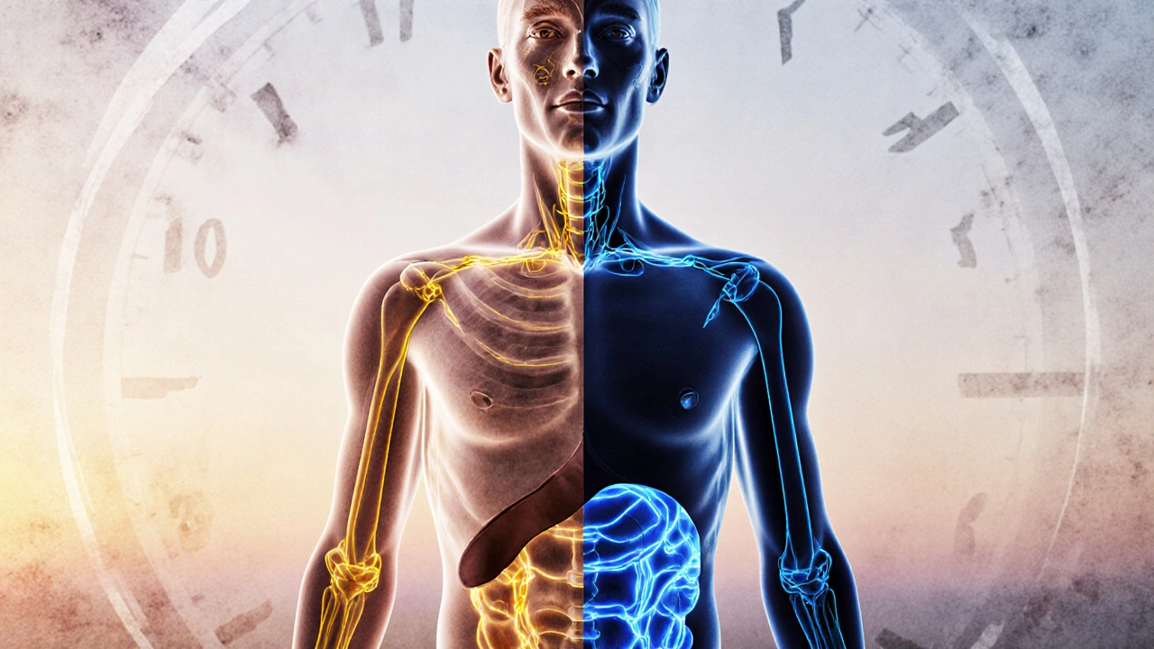 Tělo s světelnými cestami ukazujícími, jak se tuk spaluje z různých oblastí podle pohlaví.