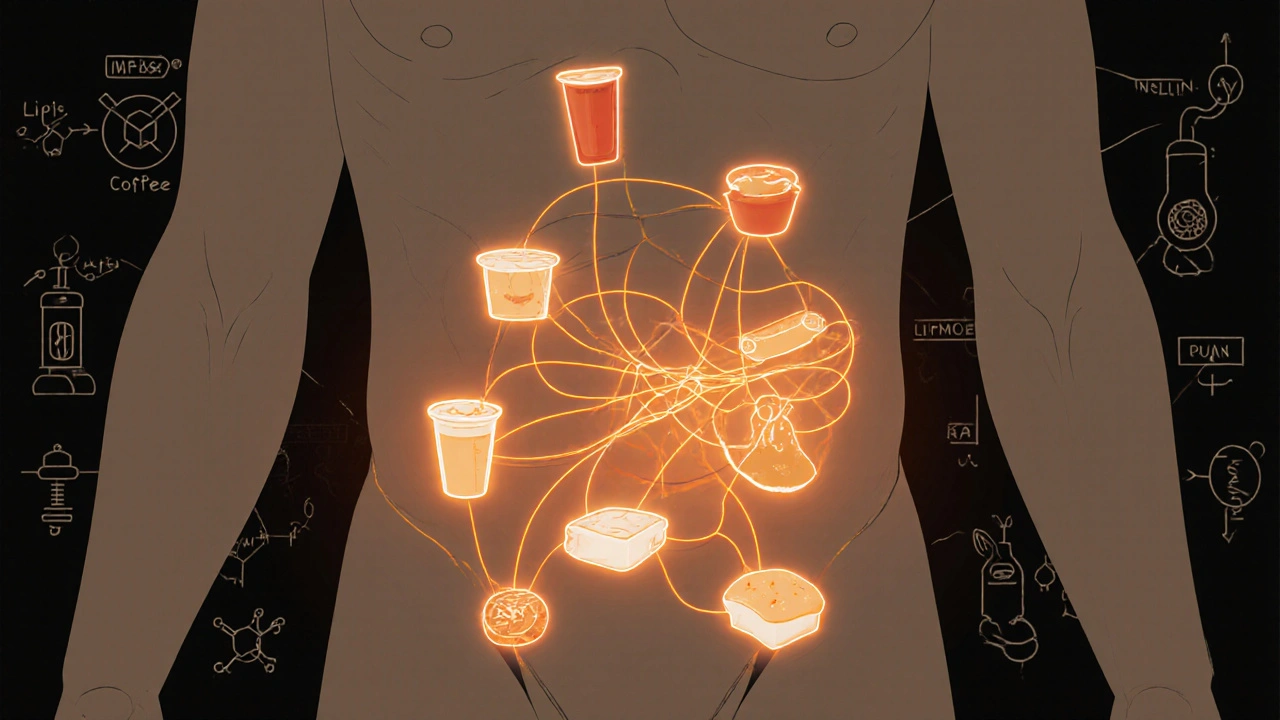 Tělo s viditelnými tukovými uskladněními na břiše, vyvolanými přebytkem cukru z potravin.