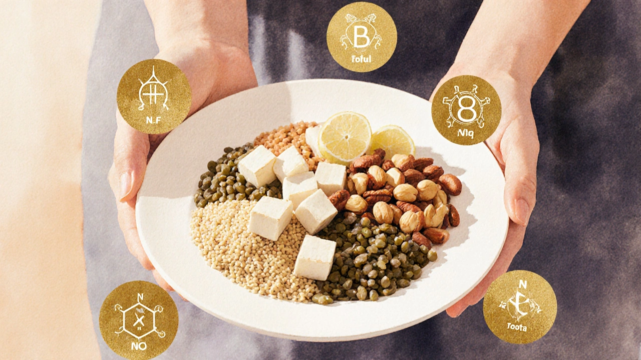 Umělecká ilustrace rostlinných zdrojů bílkovin s symbolickými aminokyselinami v pozadí.