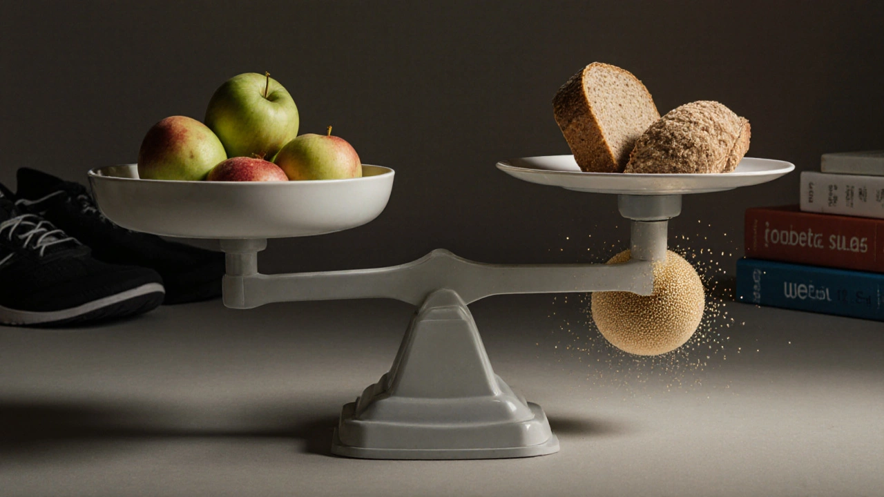 Váha s jednou stranou zatíženou neviditelnými cukernými částicemi, přesahujícími zdravé potraviny.