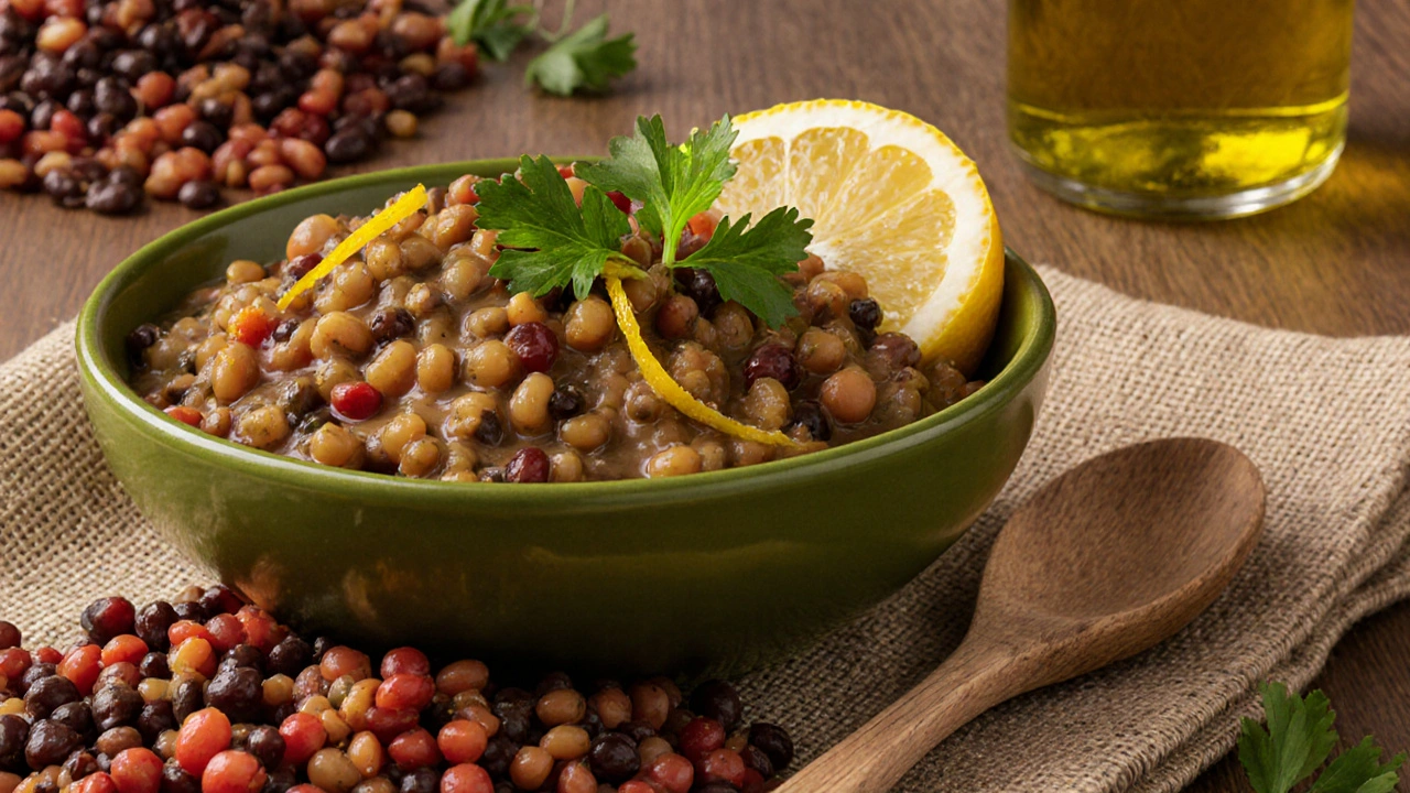 Vařená čočka s petrželkou a citronem na lněném ubrusu