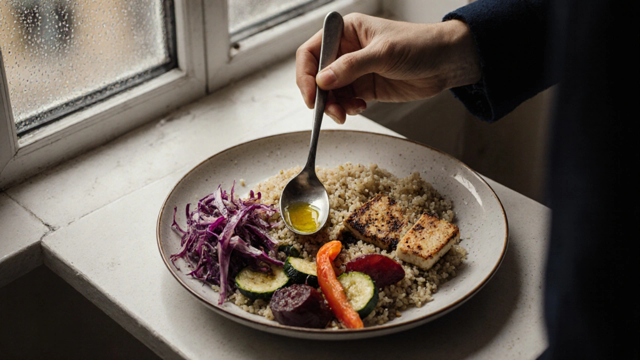 Vyvážené obědové jídlo s quinou, tofu a pečenou zeleninou na talíři.