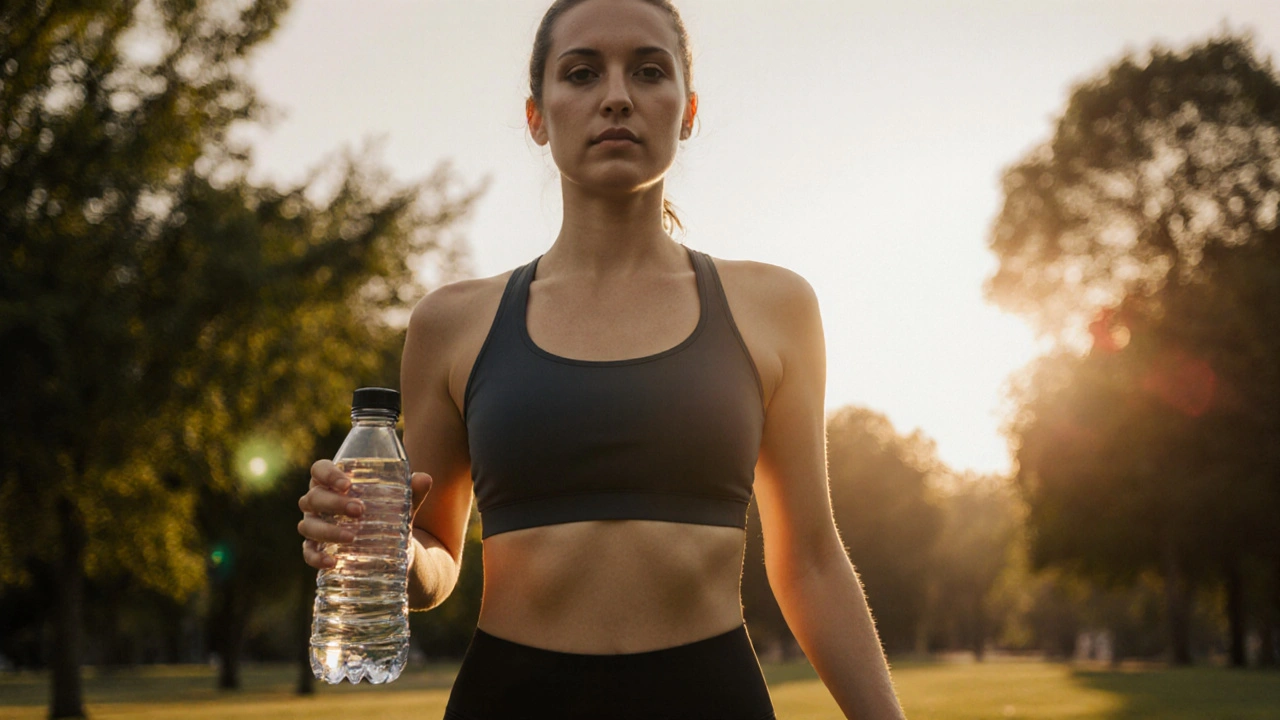 Žena kráčí v parku za zlatého hodiny s nápojem v ruce