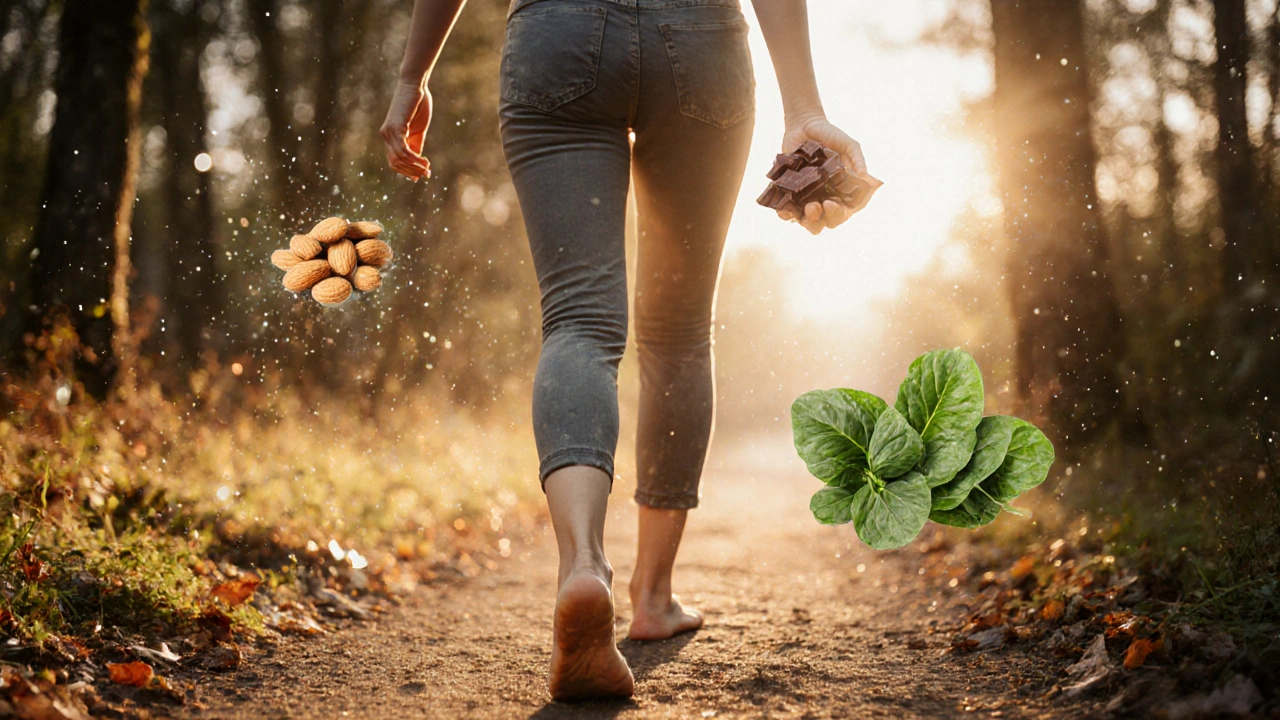 Žena prochází lesem s přírodními zdroji magnezia a vitamínu C v ruce.