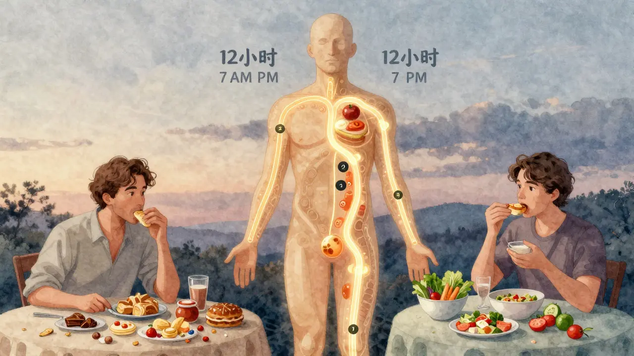 Abstraktní znázornění těla s prouděním energie během 12hodinového jídelního okna od rána do večera.