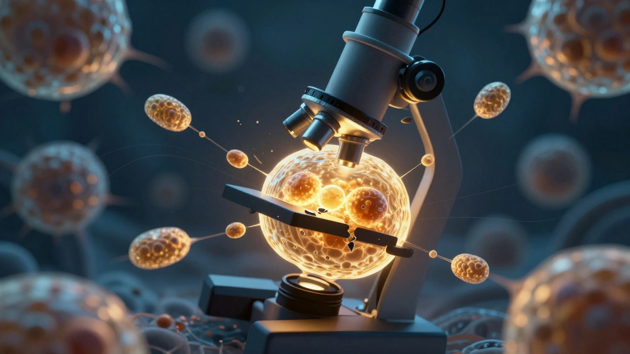 Buňka pod mikroskopem, jak čistí poškozené části a přeměňuje tuky na ketony.