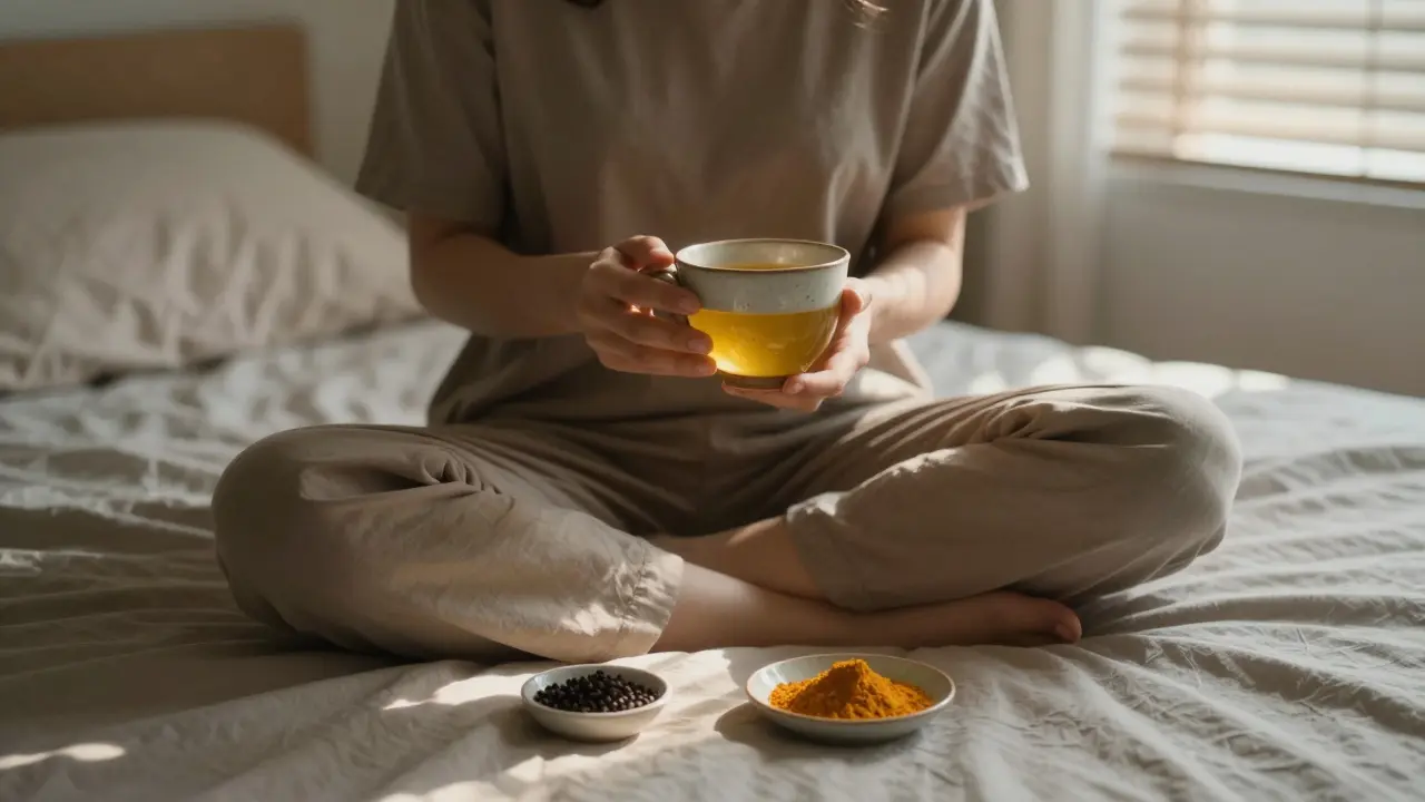Čaj z kurkumy a zázvoru se pije ráno v klidném prostředí.
