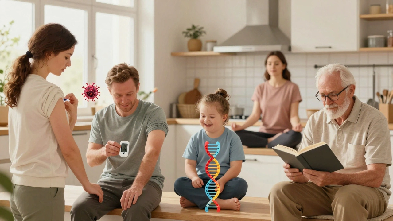 Česká rodina v kuchyni: jedna osoba se očkuje, druhá měří cukr, dítě s Downovým syndromem, žena medituje, starý muž čte.