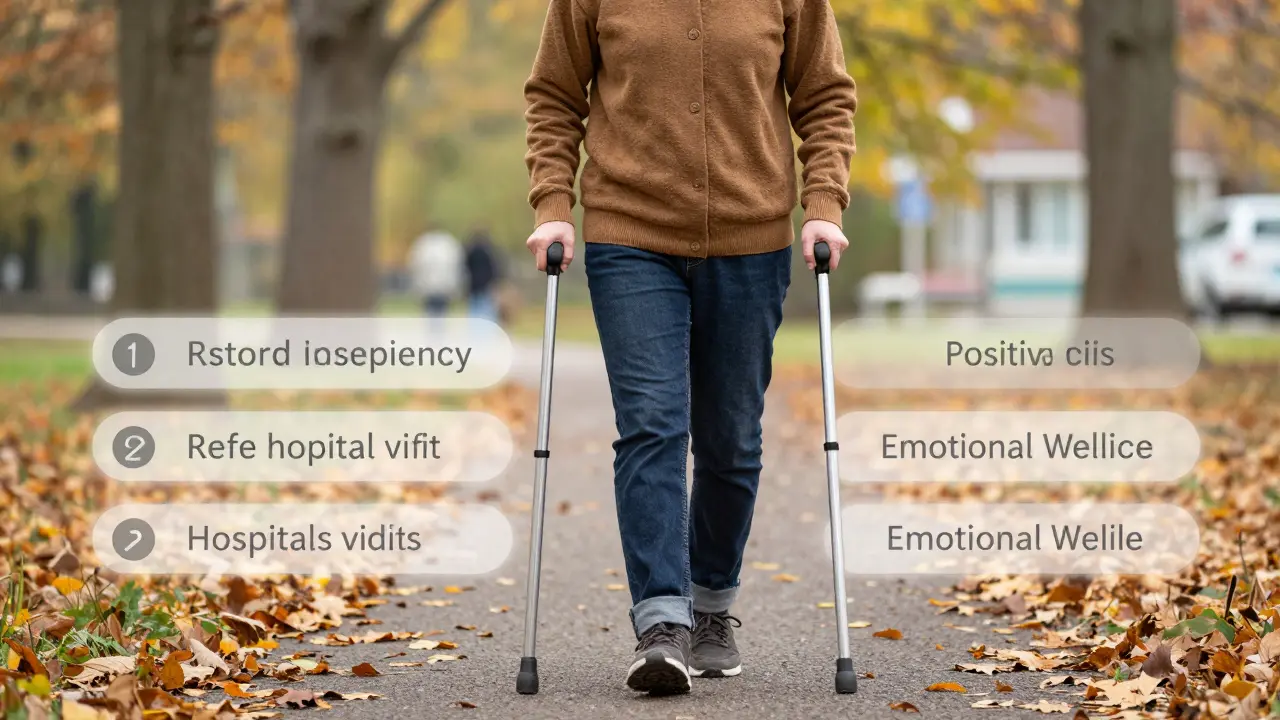 Člověk s omezenou pohyblivostí chodí v parku s opěrkou, symbolizující obnovu nezávislosti.