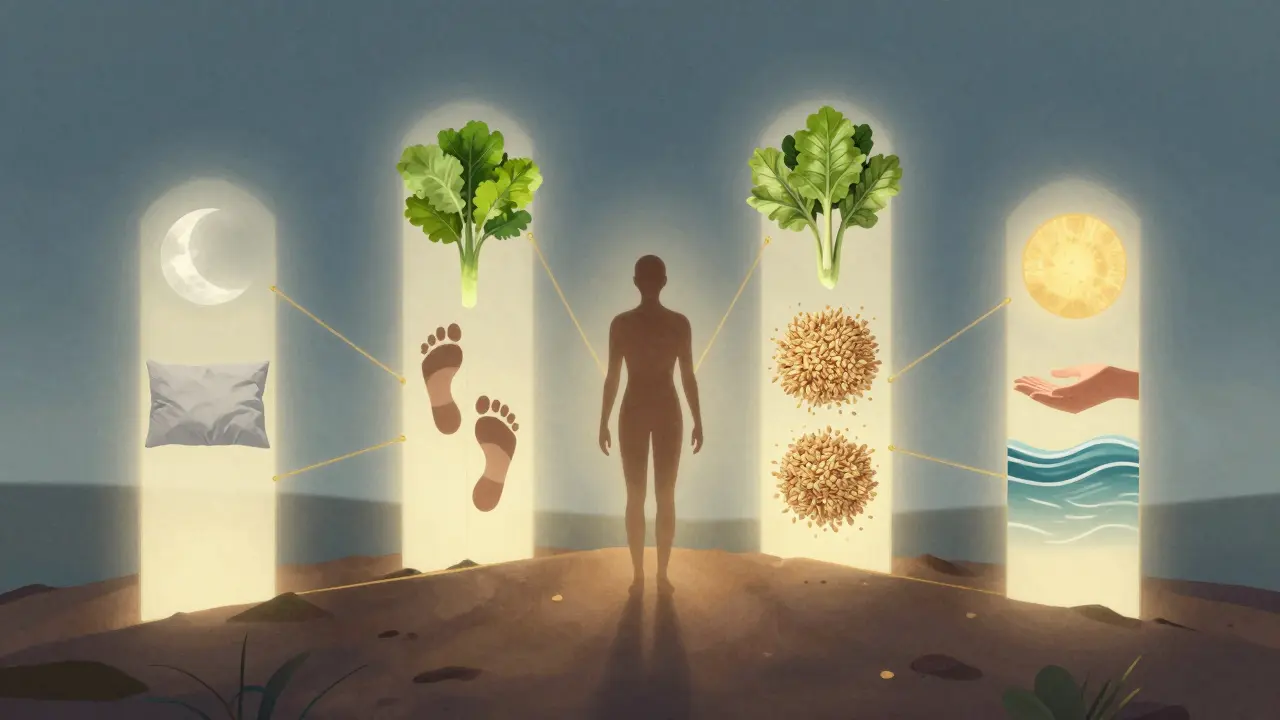 Člověk stojí uprostřed čtyř svítících pilířů symbolizujících zdraví: spánek, pohyb, výživa a psychický klid.