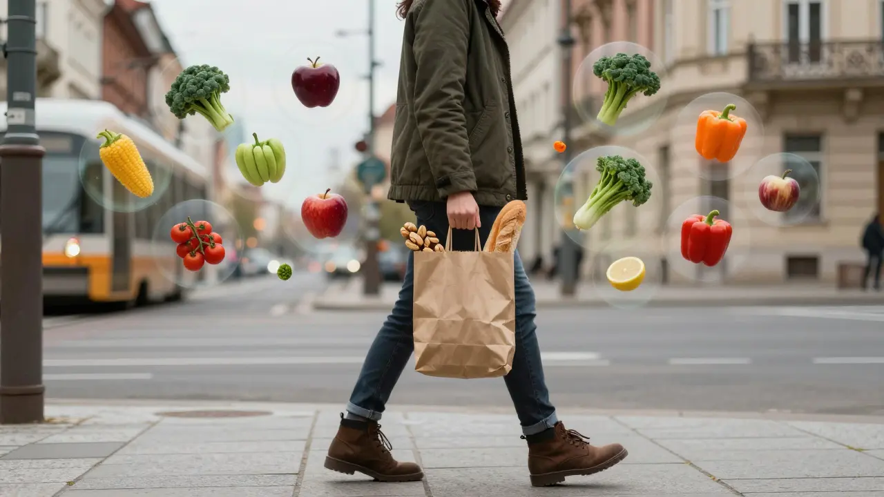 Člověk v městě nese zdravé jídlo, kolem něj plavou ovoce a zelenina jako symbol výživy.