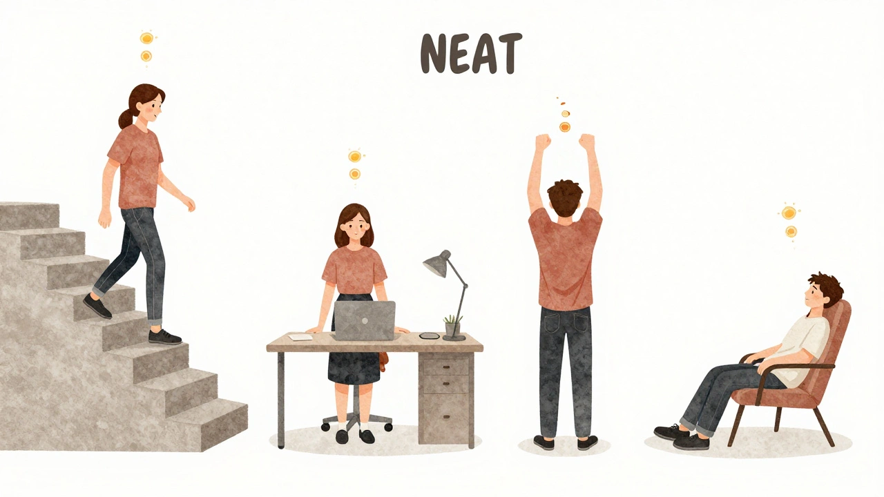 Den aktivního života s pohybem po schodech, stání u stolu a pauzami.