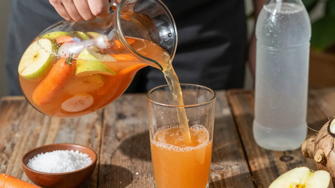 Domácí ovocný džus z jablka, mrkve a zázvoru se nalévá do sklenice.