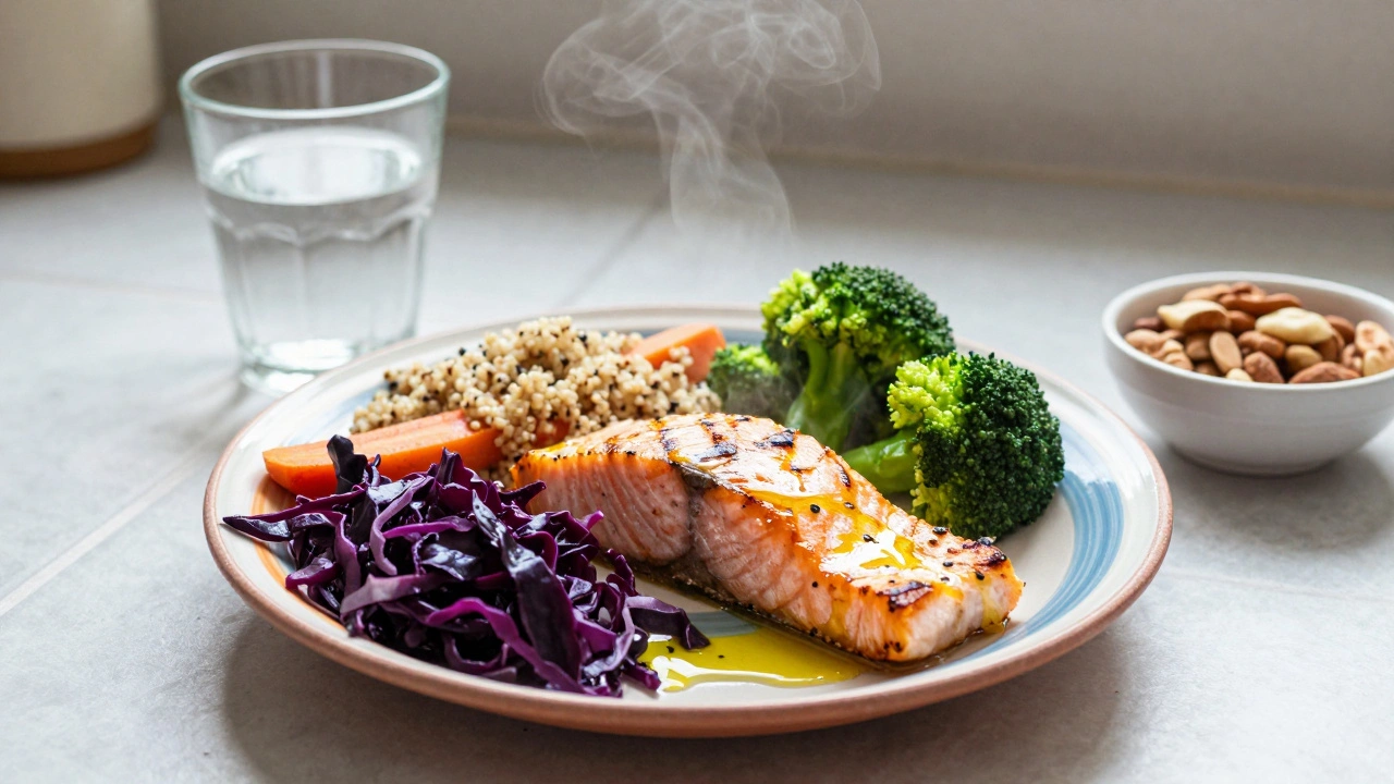 Grilovaná ryba s pečenou zeleninou a quinou na talíři