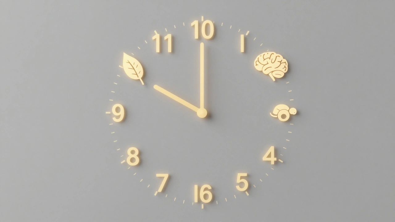 Hodiny s označeným 16hodinovým obdobím mezi jídly a symboly obnovy těla.