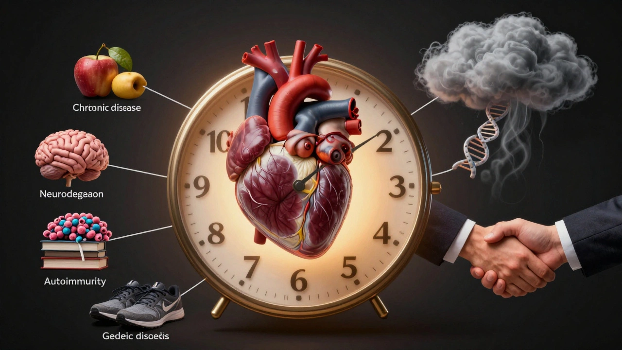 Hodiny z lidských orgánů, které tikají, spojené s výběrem zdravého životního stylu: ovoce, běžecké boty, kniha a stisk ruky.