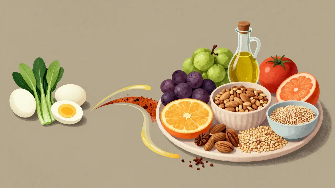 Ilustrace přechodu od omezené stravy k vyváženému jídlu s plnými barvami.