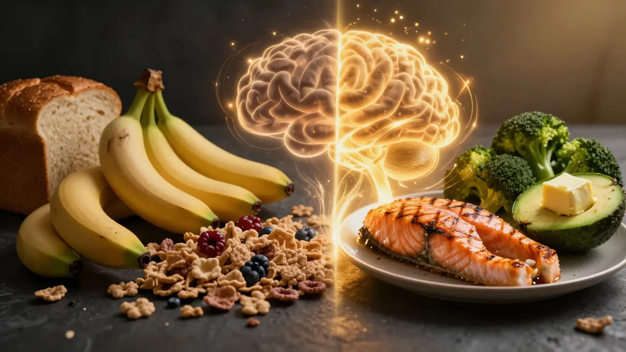 Kontrast mezi zakázanými uhlohydráty a keto potravinami s přechodem do ketózy.