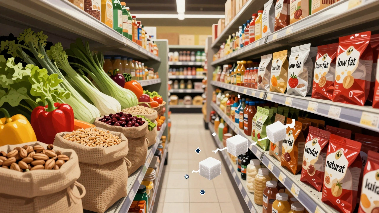 Kontrast mezi zdravými potravinami a marketingově podmaněnými zpracovanými výrobky v supermarketu.