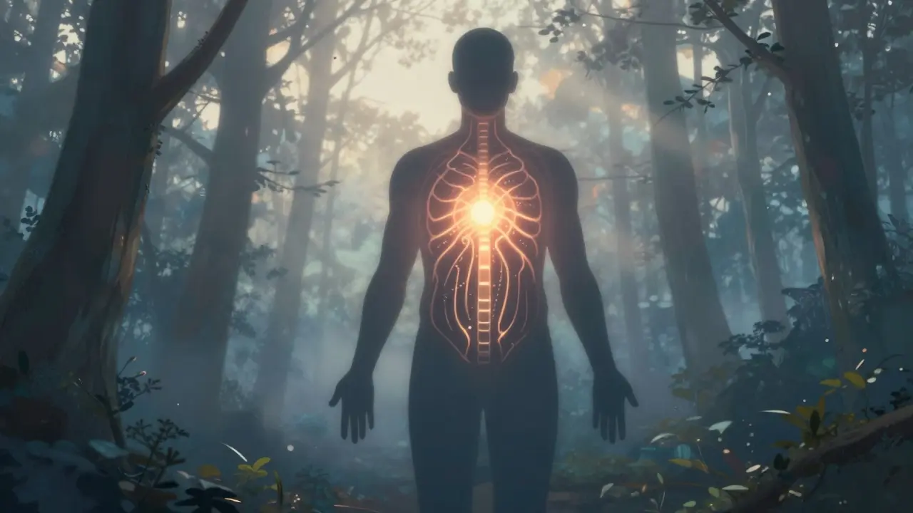 Kontur člověka v lese s vnitřními světelnými cestami označujícími spalování tuku zevnitř.