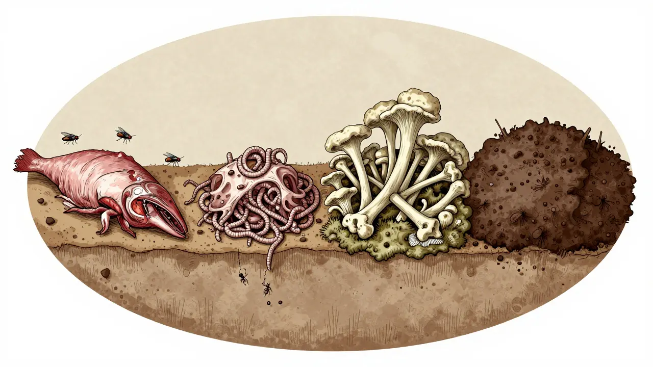 Kruhová ilustrace čtyř fází rozkladu mrtvého těla v přírodě.