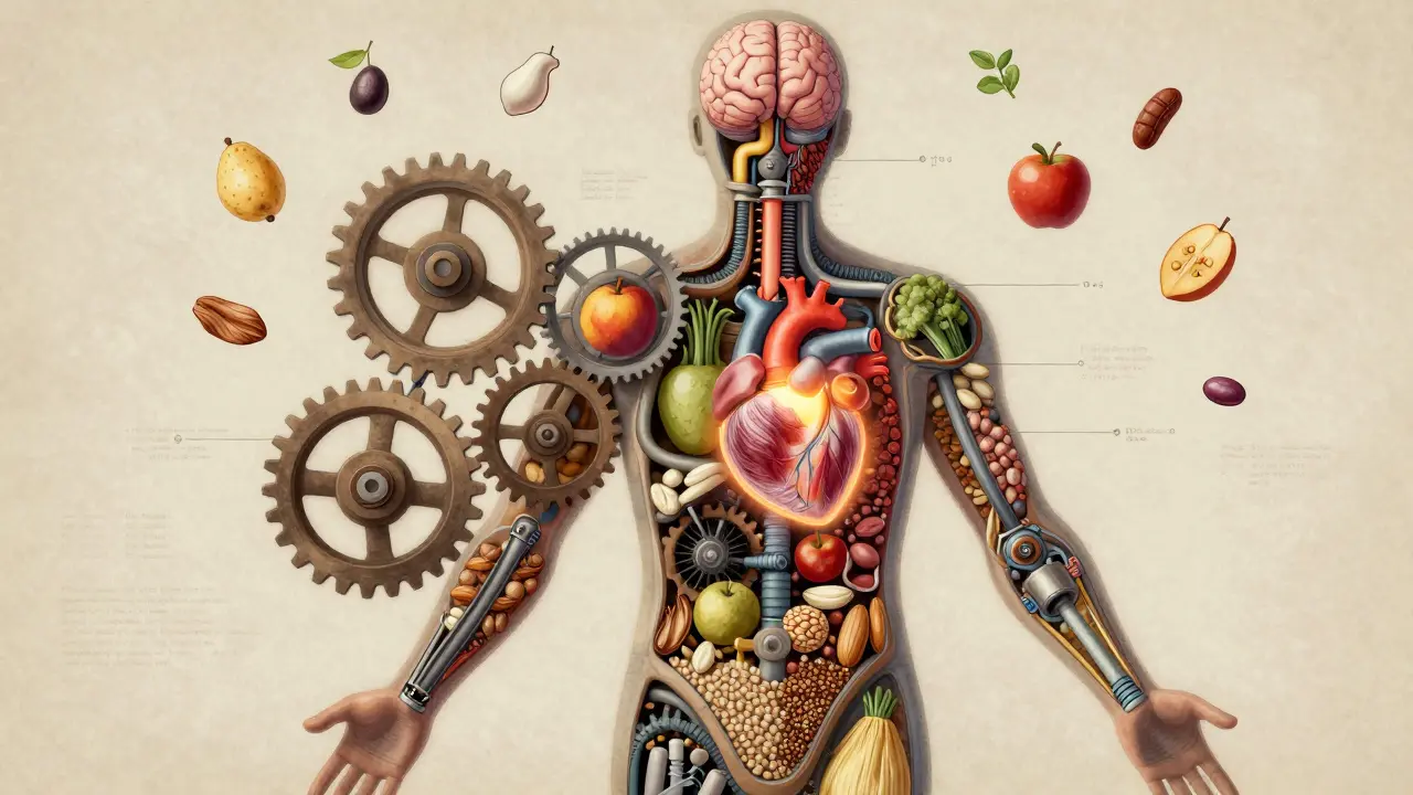 Lidské tělo jako stroj napájený potravinami, s výživovými prvky jako součástmi motoru.