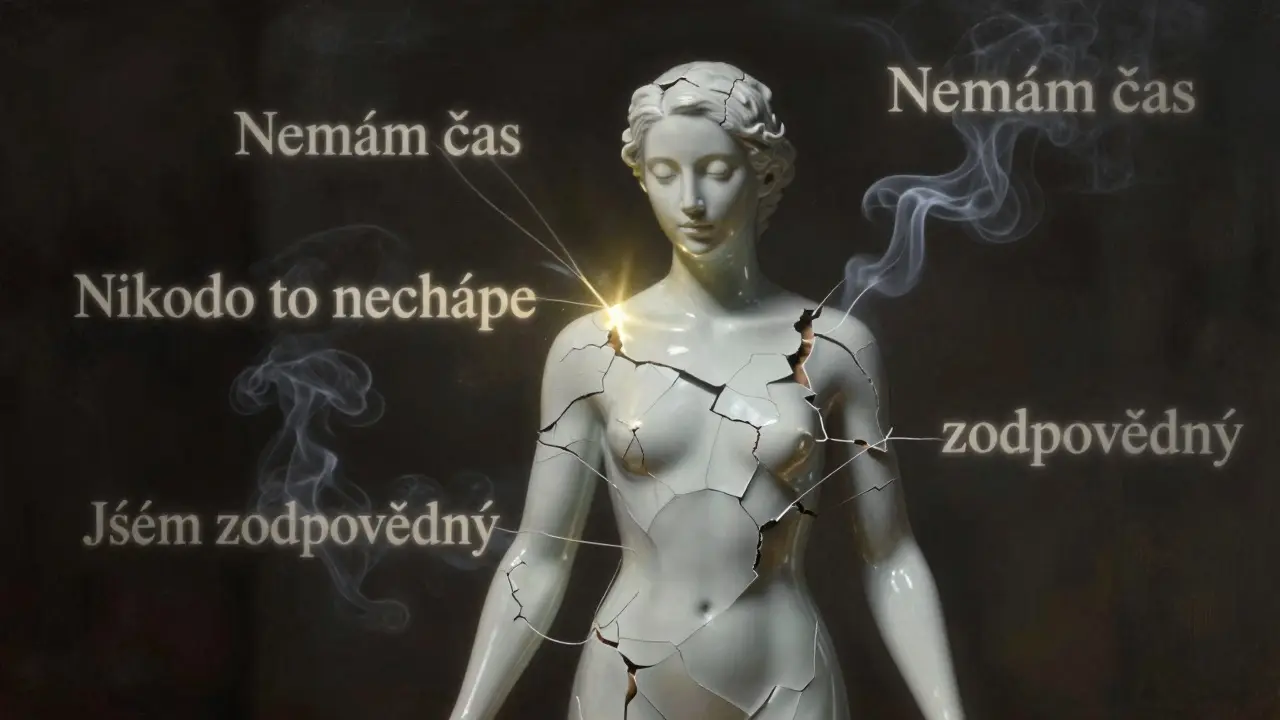 Lidský tvar z rozštěpené porcelánové keramiky, kolem něj plavou slova bezmoci.