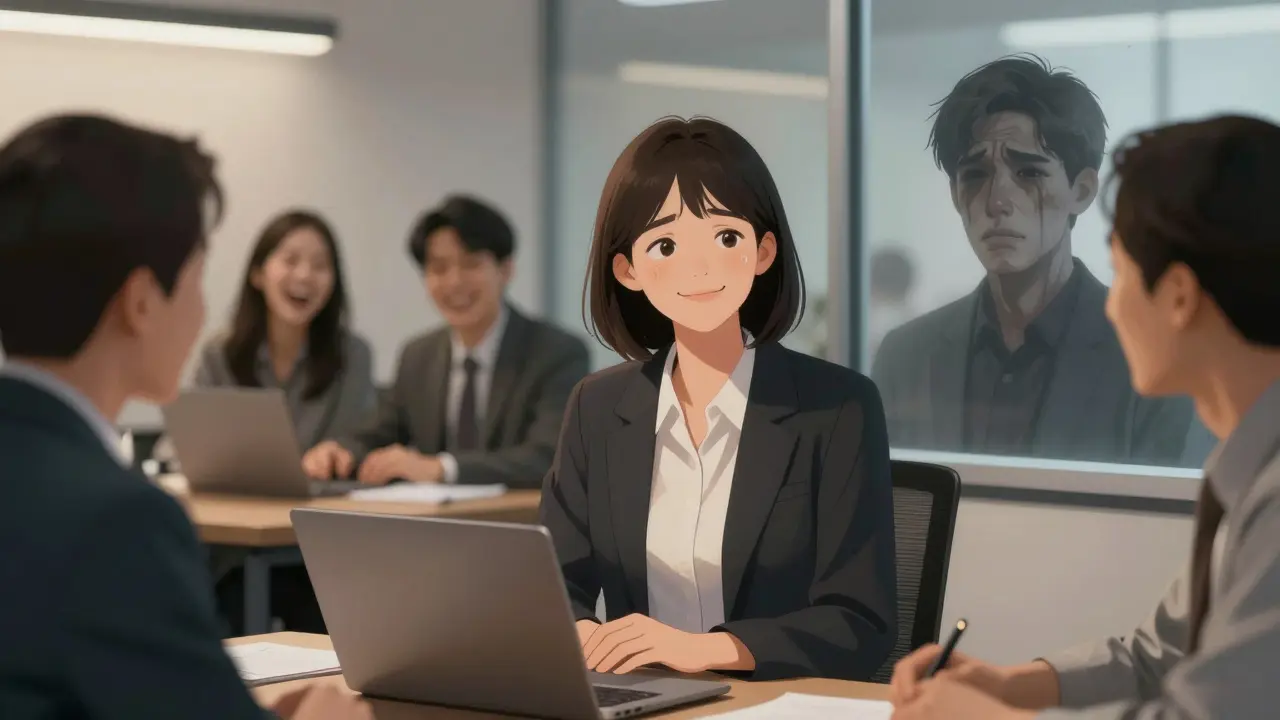 Muž se usmívá na schůzce, ale jeho odraz v okně ukazuje pláč a prázdnost.